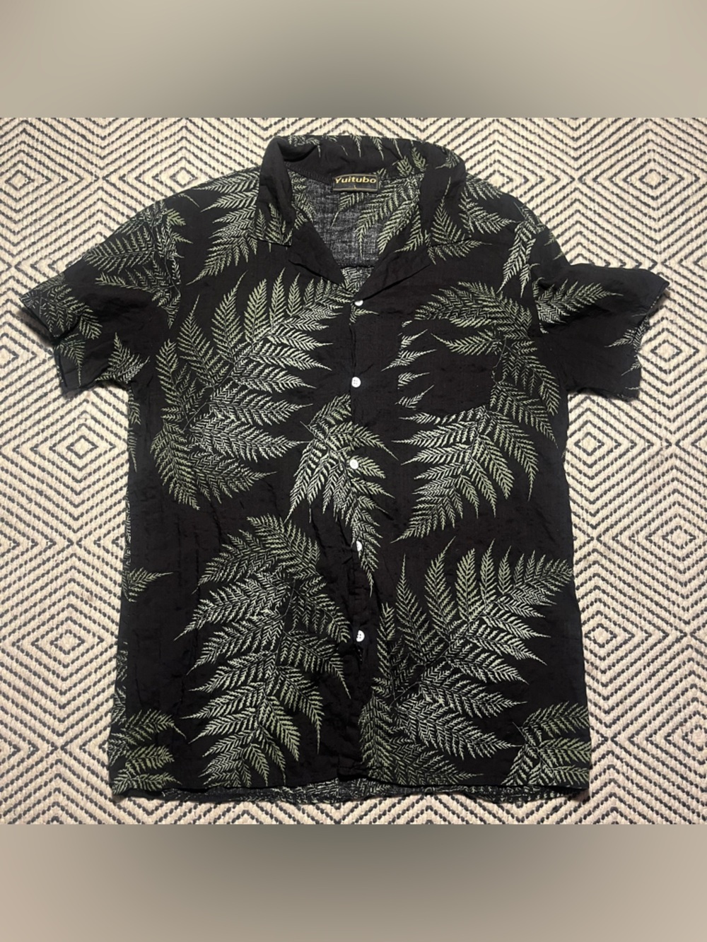 Black green button down fern plant botanical whimsical shirt 100% cotton